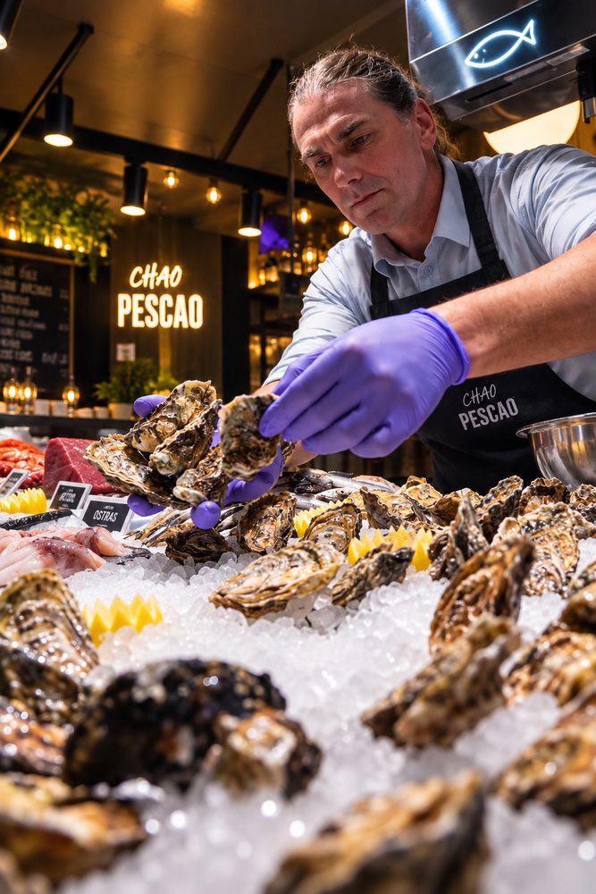 Ostras recién abiertas en la barra de lonja de Chao Pescao en Barcelona